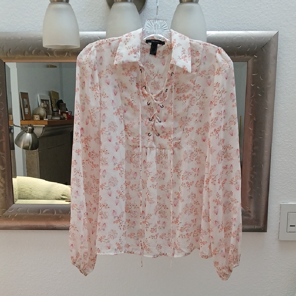 Forever 21 Pink Lace-Up Notched Collar Blouse